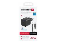 SWISSTEN punjač za AC220, GaN, 20W, 1xUSB-C, 3A, crni + USB-C kabel crni - 03100048