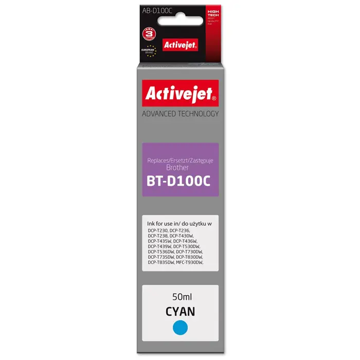Activejet AB-D100C Ink cartridge for Brother printers, replacement for Brother BT-D100C; Supreme; 50 ml; cyan