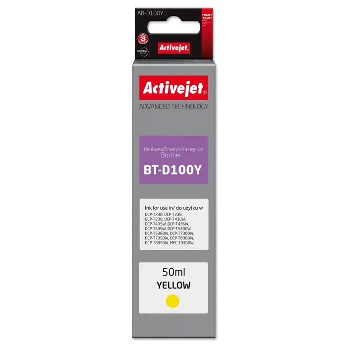 Activejet AB-D100Y Ink cartridge for Brother printers, replacement for Brother BT-D100Y; Supreme; 50 ml; yellow
