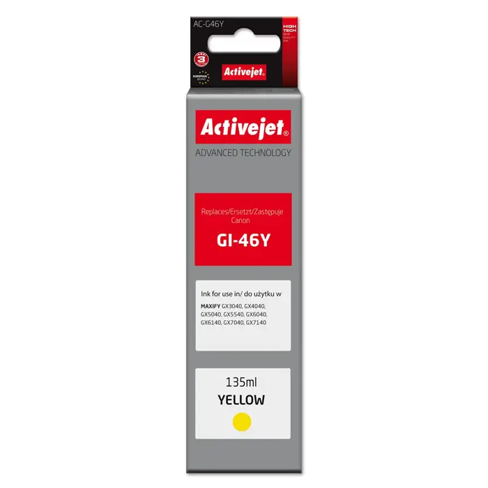 Activejet AC-G46Y Ink cartridge for Canon printers, replacement for Canon GI-46Y; Supreme; 135 ml; yellow