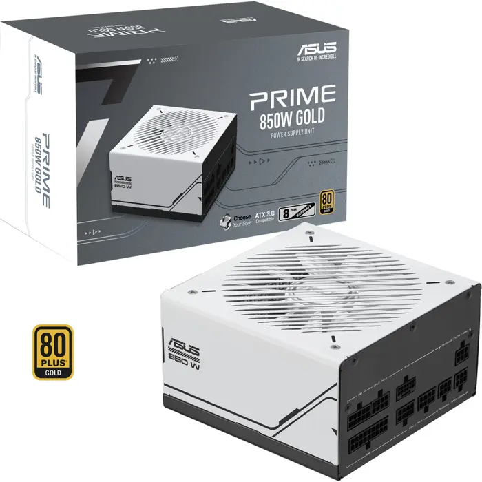 ASUS Prime 850W Gold, PC power supply white/black, 1x 12-pin High Power GPU, 3x PCIe, cable management, 850 Watt