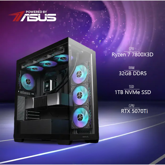 BaB računalo Inferno M (Ryzen 7 7800X3D, Liquid, RTX 5070Ti, 32GB DDR5, 1TB SSD, RGB, Win11P) Powered By ASUS