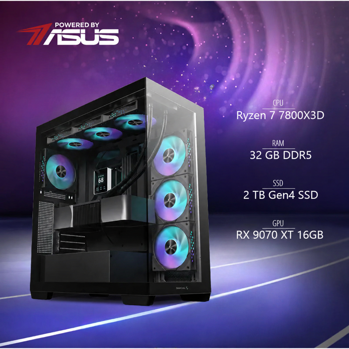 BaB računalo Inferno X (Ryzen 7 7800X3D, Liquid, RX 9070 XT, 32GB DDR5, 2TB SSD, RGB, Win11P, WiFi) Powered By ASUS