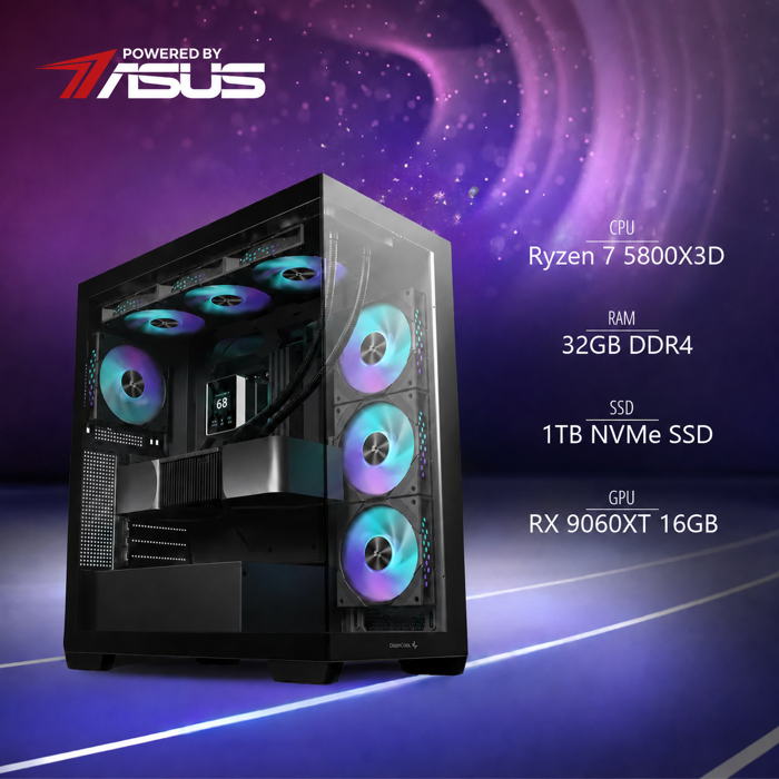 BaB računalo X3D Legacy (Ryzen 7 5800X3D, Liquid, RX 9060XT, 32GB DDR4, 1TB SSD, Win11P) Powered By ASUS