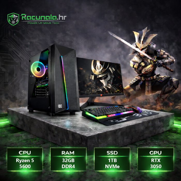 BaB SAMURAI Set – Ryzen 5 5600 / 32GB DDR4 / 1TB NVMe SSD / GeForce RTX 3050 / Windows 11 Pro + Monitor i periferija