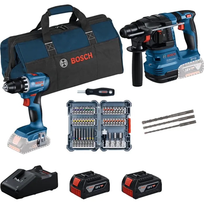 Bosch Powertools 18V professional set hammer drill GBH 18V-22 + drill driver GSR 18V-45 (blue/black, 2x Li-ion battery 4.0Ah, hammer drill and bit set, tool bag)