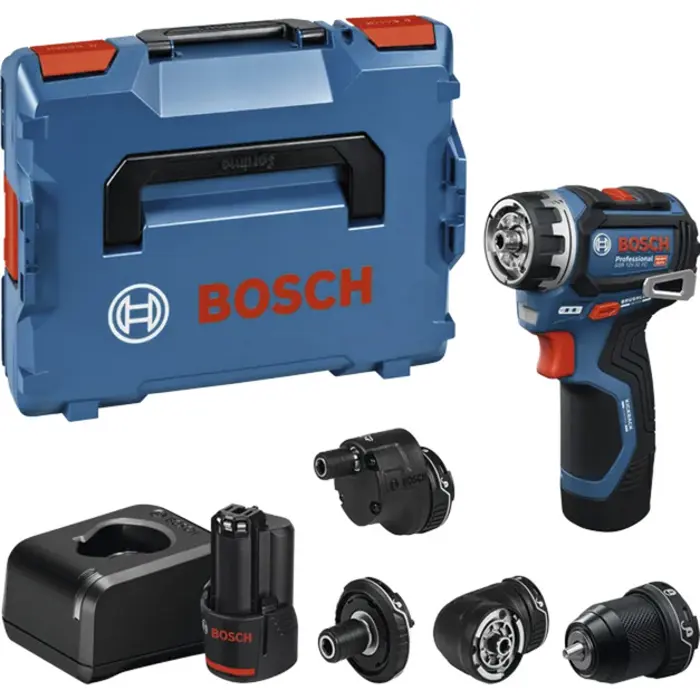 Bosch Powertools cordless drill/driver GSR 12V-32 FC Professional, 12Volt (blue/black, 2x Li-ion battery 2.0Ah, L-BOXX, metal drill chuck attachment, angle attachment, eccentric attachment)