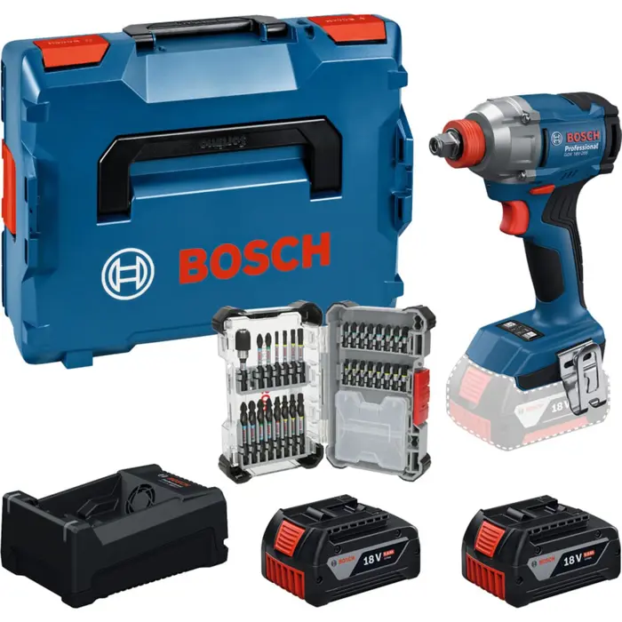 Bosch Powertools cordless impact wrench set GDX 18 Volt 285 Nm with 2 batteries 5.0 Ah and 31-piece bit set in L-BOXX (boxed)