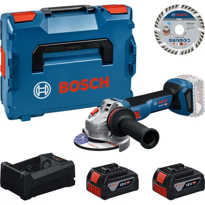 Bosch Powertools Tool Set Cordless Angle Grinder 18 Volt with 2 Batteries 5.0 Amp Hours and Cutting Disc 125 in L-BOXX (Boxed)