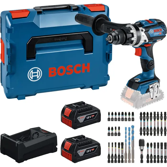 Bosch Powertools tool set cordless impact drill 18 volts 110 Nm with 2 batteries 5.0 Ah and bit set in L-BOXX (boxed)