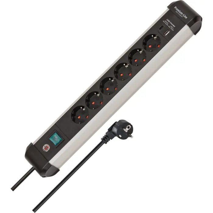 Brennenstuhl Premium-Alu-Line 6-way power strip, 2x USB black/aluminum, 3 meter cable, USB-A, USB-C, with safety switch