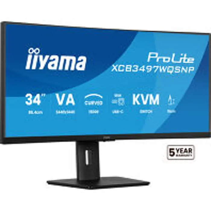 IIYAMA 34" XCB3497WQSNP-B1 UWQHD (3440×1440) curved VA, 21:9,350 cd/m2, 3000:1, HDMI x2, DP,  USB-C dock, RJ45, KVM switch, HAS 15cm, 