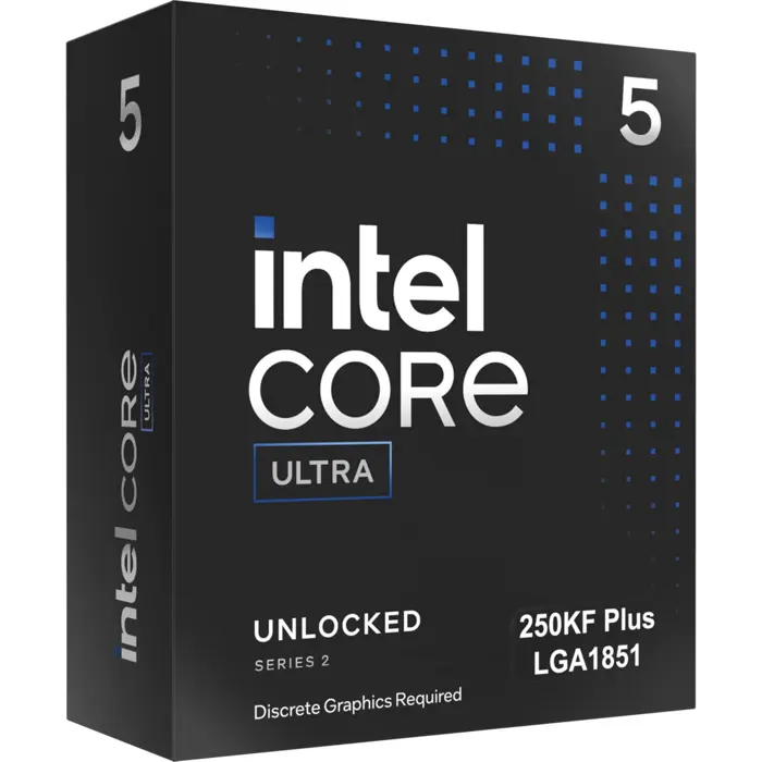 Intel Ultra 5 250KF Plus, 3.3 - 5.3GHz, 12C/12T, 30MB, LGA 1851, noGPU, BX80768250KF