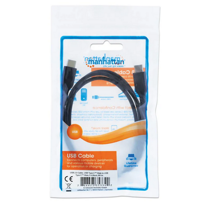Manhattan kabel USB 2.0 Type-C, 3A, 60W, 1m, crni