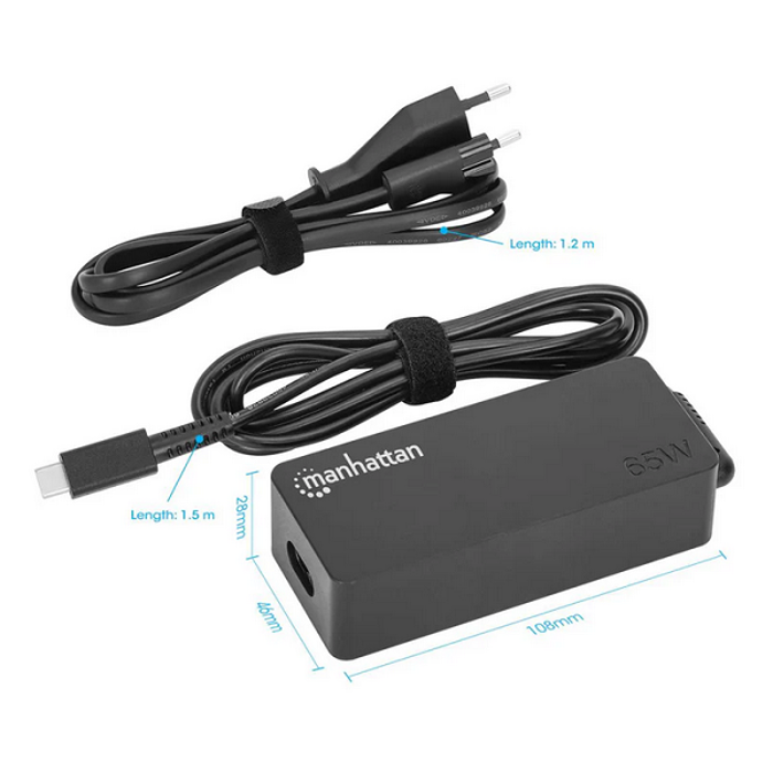 Manhattan punjač za laptop 65W USB-C, crni