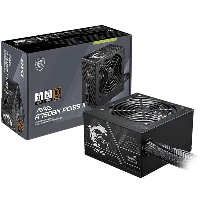 MSI MAG A750BN PCIE5 II, 750W 80+ Bronze, ATX 3.1, PCIe 5.1, 120mm Fan, Active PFC, OVP, OCP, SCP, OPP, UVP