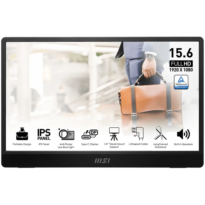 MSI PRO MP161 E2U Portable Monitor, 15.6", 60Hz FHD (1920 x 1080), 16:9, IPS, 250NITS, 4ms, Anti-glare, 1x Mini HDMI, 2x Type-C (DP 1.2a signal with Alt mode & 15W Power Delivery / Power Input), 2x 1.