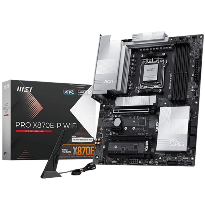 MSI PRO X870E-P WIFI, ATX, Socket AM5, 4x DDR5 Dual Channel DDR5 up to 8200(OC)MHz, 3x PCIe x16 slot, 3x M.2 slot, 4x USB 2.0, 2x USB 5Gbps, 2x USB 10Gbps, 1x 20Gbps Type-C, 1x 40Gbps Type-C, HDMI, 7.