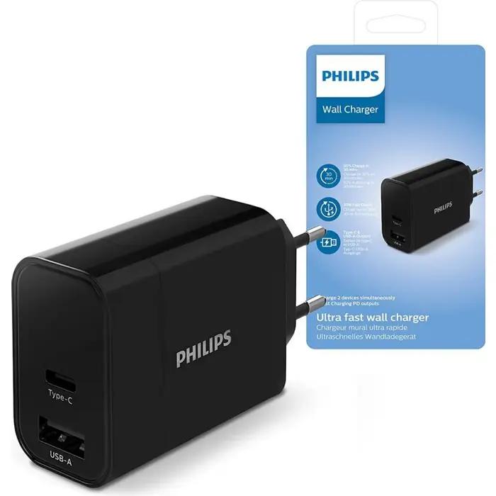 Philips zidni punjač s ulazima 1xUSB-C i xUSB-1A
