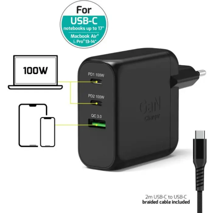 Port zidni punjač 100W type C,GaN2+USB-C kabel 2m