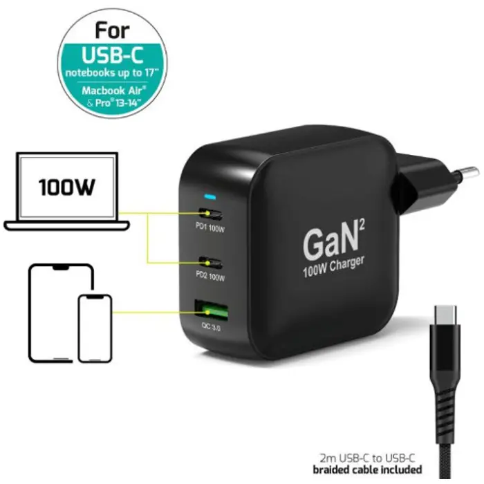 Port zidni punjač 100W type C,GaN2+USB-C kabel 2m