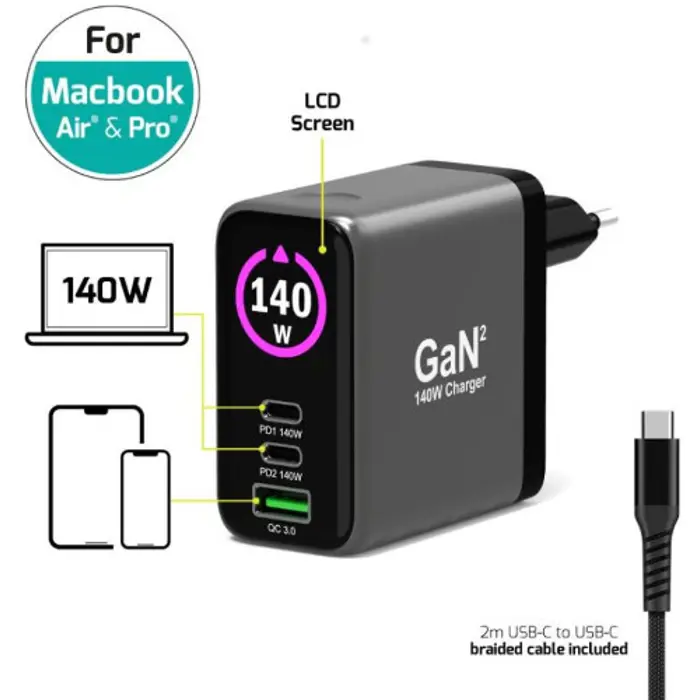 Port zidni punjač 140W type C,GaN2+USB-C kabel 2m