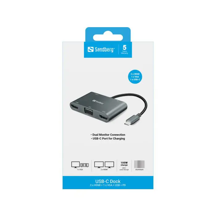 Sandberg USB-C Dock 2xHDMI + 1xVGA + USB + PD docking docking station