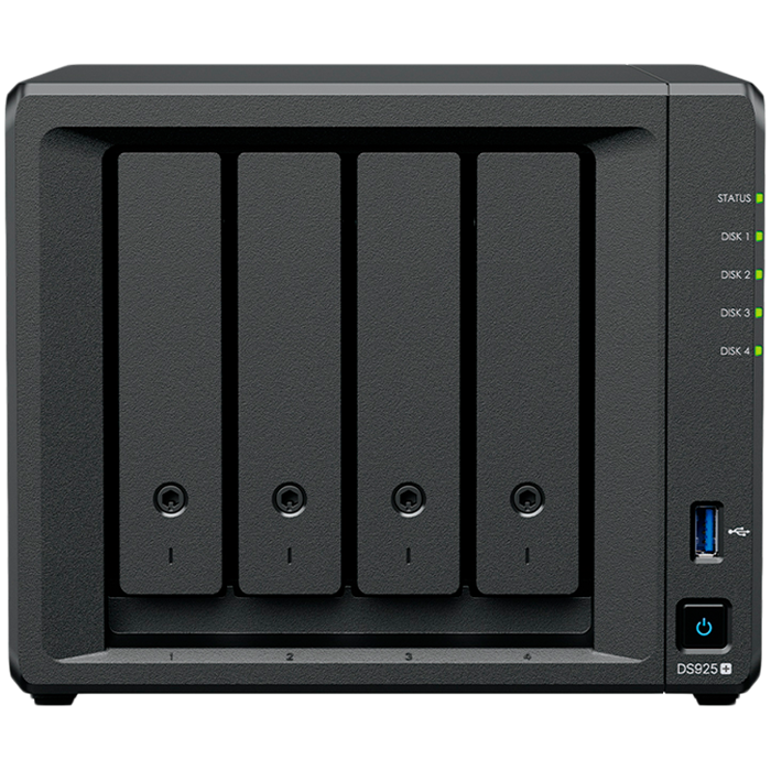 Synology DiskStation DS925+ Tower, 4-Bays 3.5 SATA HDD/SSD, 2 x M.2 2280 NVMe SSD slot, CPU AMD Ryzen V1500B 4-core 2.2 GHz, 4 GB DDR4 ECC SODIMM, 2x RJ-45 2.5 GbE LAN Port; 2x USB 3.2; 1 xUSB Type-