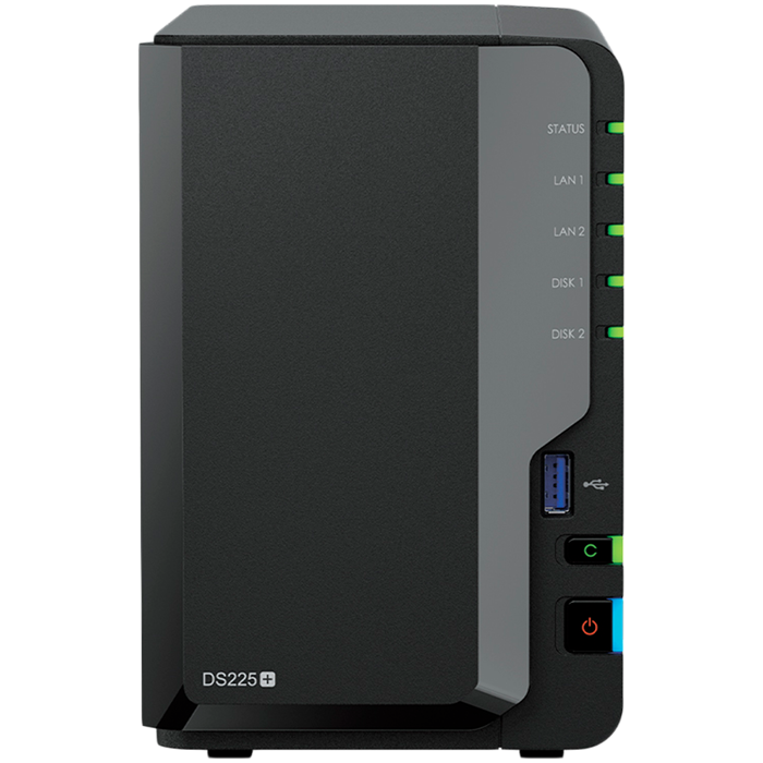 Synology DS225+, Tower, 2-bays 3.5 SATA HDD/SSD, CPU Inte Celeron J4125 4-core (4-thread) 2.0 GHz, burst up to 2.7 GHz, 2 GB DDR4 non-ECC (expandable up to 6 GB), 1xRJ-45 1GbE LAN, 1xRJ-45 2.5 GbE L