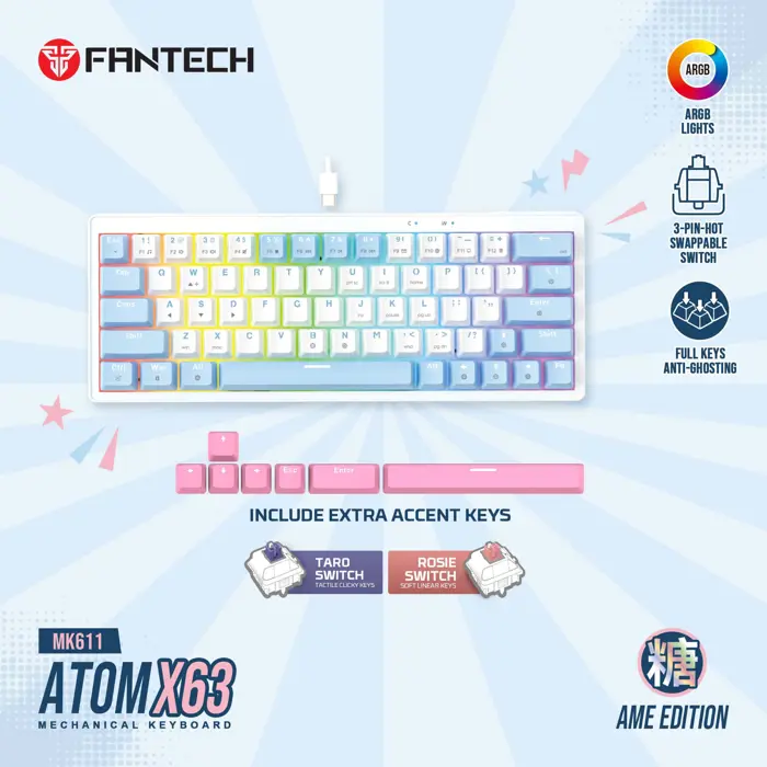 TIPKOVNICA GAMING ŽIČNA MEHANIČKA FANTECH ATOM X63 TARO SW. MK611 BIJELA 