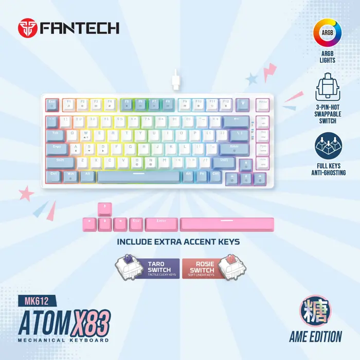 TIPKOVNICA GAMING ŽIČNA MEHANIČKA FANTECH ATOM X83 TARO SW. MK612 BIJELA 