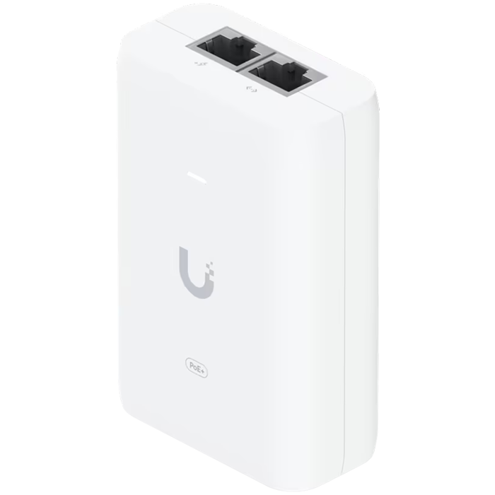 Ubiquiti U-POE+ adapter 30W, powers UniFi PoE+ devices, reduce dependency on PoE switch power, Contains RJ45 data input, AC cable with earth ground, and PoE+ output