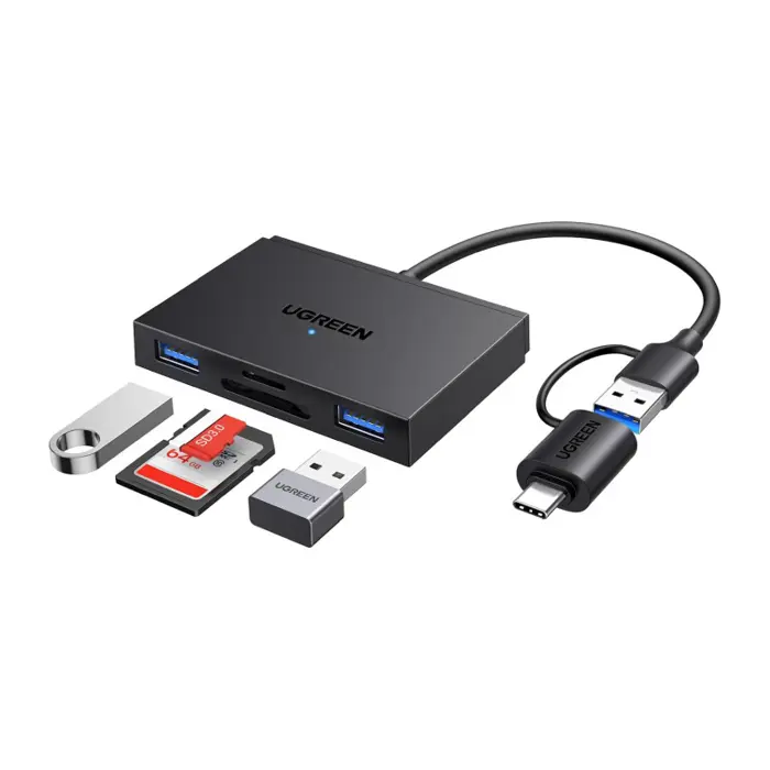 UGREEN 4-portni USB-C/A HUB 2xUSB-A, 1xSD, 1xTF, sivi
