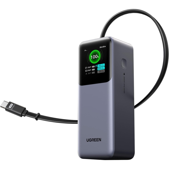 Ugreen prenosna polnilna baterija 20.000mAh, 165W s pametnim digitalnim zaslonom in vgrajenim kablom