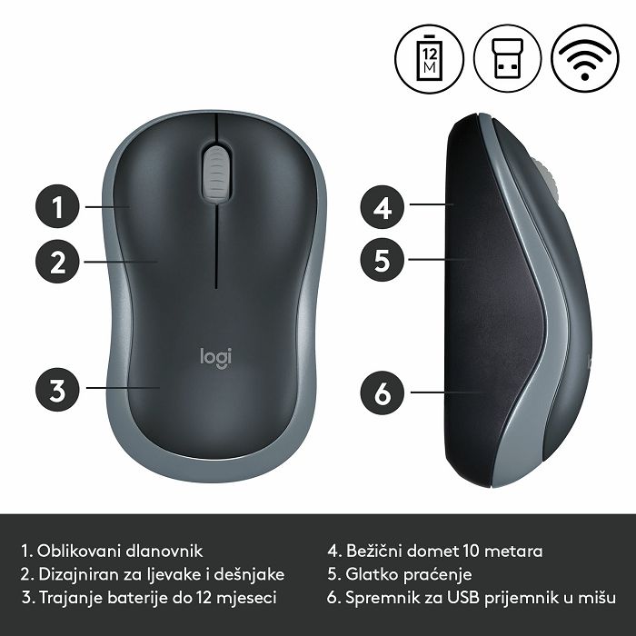 Miš LOGITECH M185, optički, bežični, 1000dpi, crno-sivi