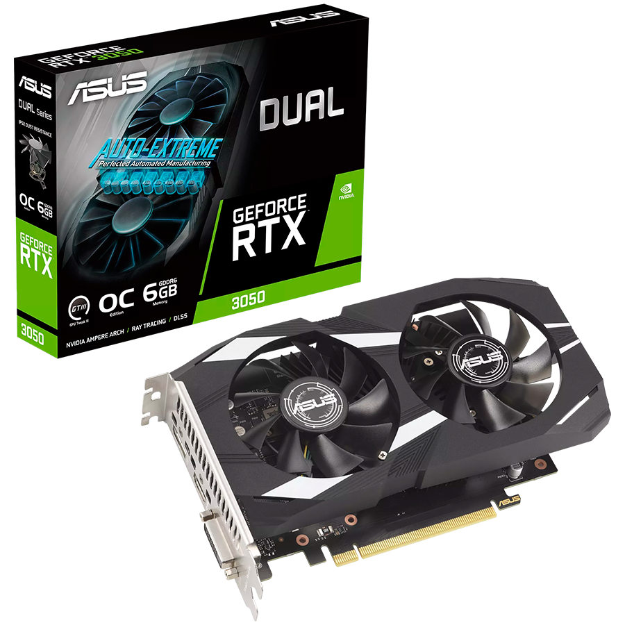 ASUS Dual GeForce RTX 3050 OC Edition 6GB GDDR6 Grafička kartica with two powerful fans AAA gaming performance and ray tracing, PCIe 4.0, 1xDVI-D, 1xHDMI 2.1, 1xDisplayPort 1.4a - 90YV0K60-M0NA00-A