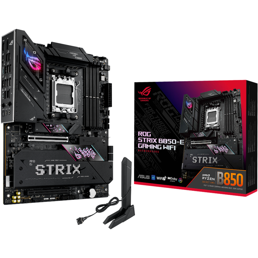 ASUS ROG STRIX B850-E GAMING WIFI AM5 ATX osnovna ploča - AMD B850, 4xDDR5, 5xM.2, 4xSATA, 5Gb LAN, WiFi 7, BT, 1xDP, 1xHDMI, 1xUSB4 40Gbps port (USB Type-C), Aura Sync - 90MB1J60-M0EAY0-A