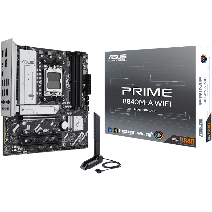 ASUS PRIME B840M-A WIFI AM5 mATX osnovna ploča - AMD B840, 4xDDR5, 3xM.2, 4xSATA, 2.5Gb LAN, WiFi 6E, BT, 2xDP, 1xHDMI, Aura Sync - 90MB1J20-M0EAY0-A