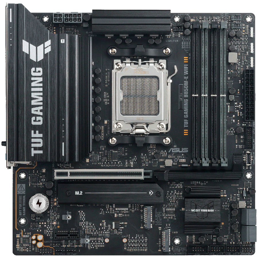 ASUS TUF GAMING B850M-E WIFI AM5 mATX osnovna ploča - AMD B850, 4xDDR5, 3xM.2, 4xSATA, 2.5Gb LAN, WiFi 6E, BT, 2xDP, 1xHDMI, Aura Sync - 90MB1LS0-M0EAY0-A