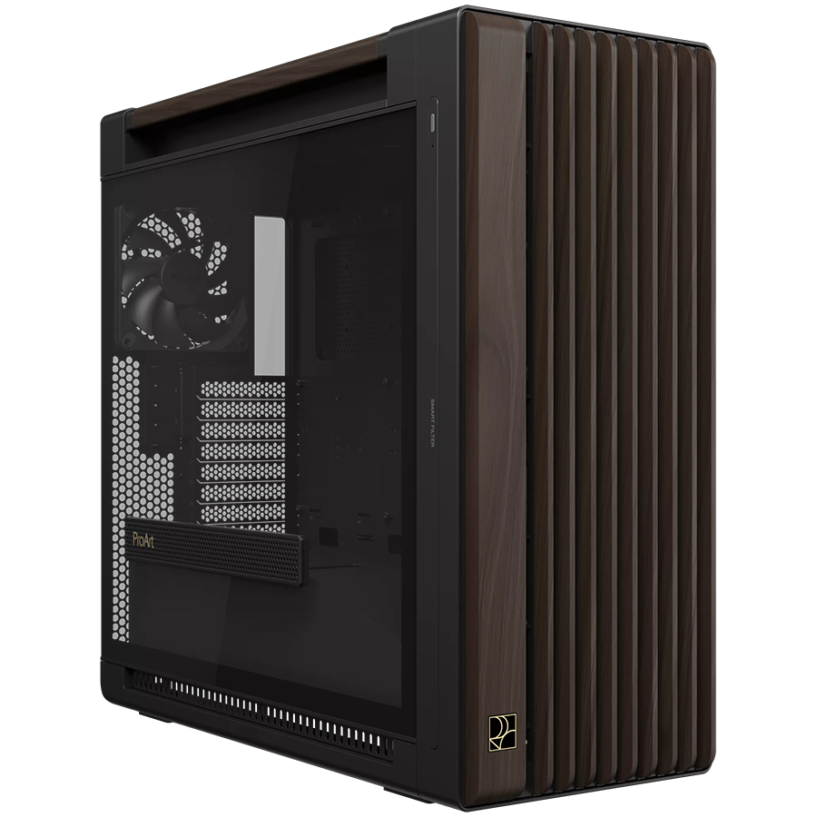 ASUS ProArt PA602 Wood Edition Modern Black ATX/E-ATX računalniško ohišje, kaljeno steklo, 1x 140 mm