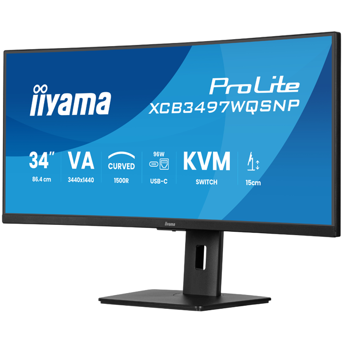 34" UW Curved VA-panel, 3440x1440-120Hz, 350cdm, 0,4ms MPRT, Speakers,USB-C Dock (LAN/KVM/95W PD),DisplayPort, 2xHDMI,USB HUB (2x3.2 2xC) ,Adaptive Sync.15cm Height Adj. Stand