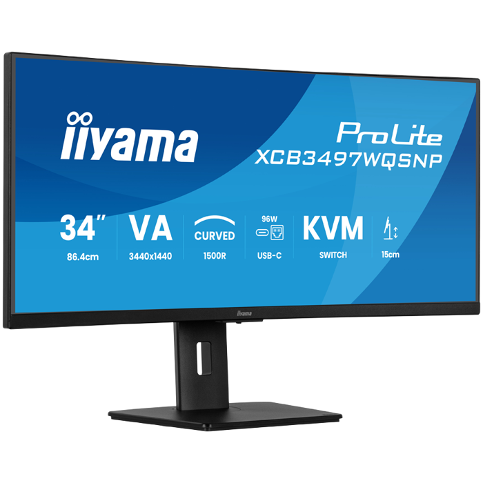 34" UW Curved VA-panel, 3440x1440-120Hz, 350cdm, 0,4ms MPRT, Speakers,USB-C Dock (LAN/KVM/95W PD),DisplayPort, 2xHDMI,USB HUB (2x3.2 2xC) ,Adaptive Sync.15cm Height Adj. Stand