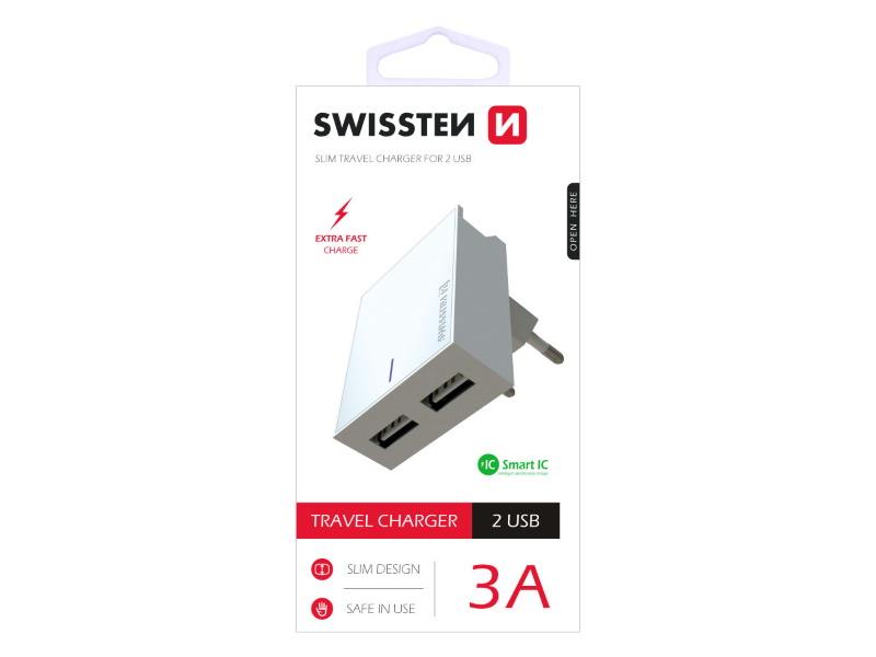 SWISSTEN punjač za AC220, 2xUSB, 3.1A, SMART IC, držač, bijeli - 03100016