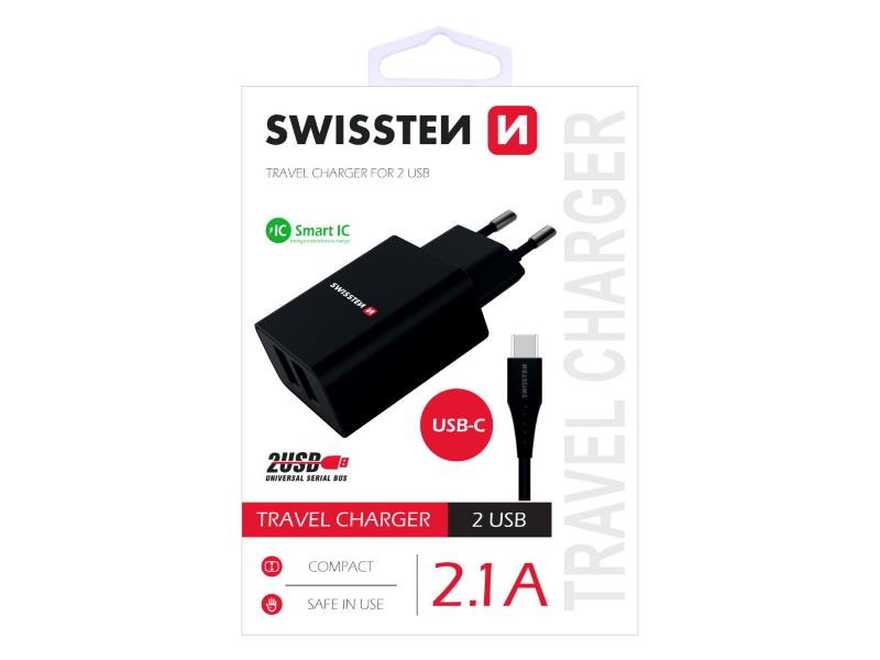 SWISSTEN punjač za AC220, 2xUSB, 2.1A, SMART IC, crni + USB-C kabel - 03100012