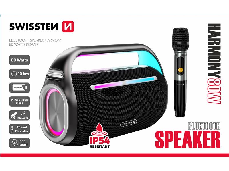 SWISSTEN zvučnik BT 5.0, TWS, Baterija, bežični mikrofon HARMONY 80W crni!!! - 05220193