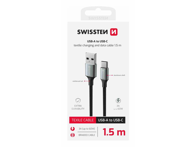 SWISSTEN kabel USB/USB-C, TEXTILE II, 3A, 60W, 480 Mb/s, 1,5m crno-sivi - 03080116