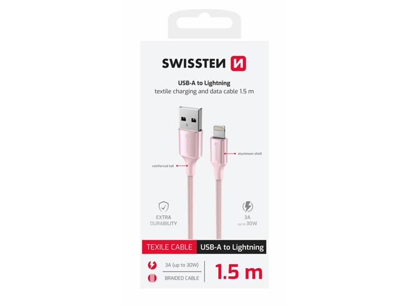 SWISSTEN kabel USB/Lightning TEXTILE II, 3A, 480 Mb/s, 1,5m rozi - 03080121