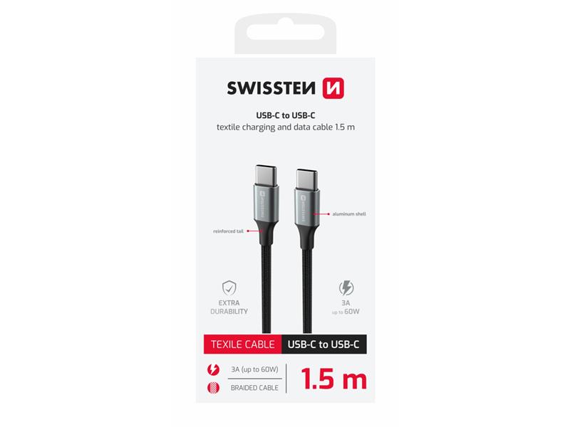 SWISSTEN kabel USB-C/USB-C, TEXTILE II, 3A, 60W, 480 Mb/s, 1,5m crno-sivi - 03080122