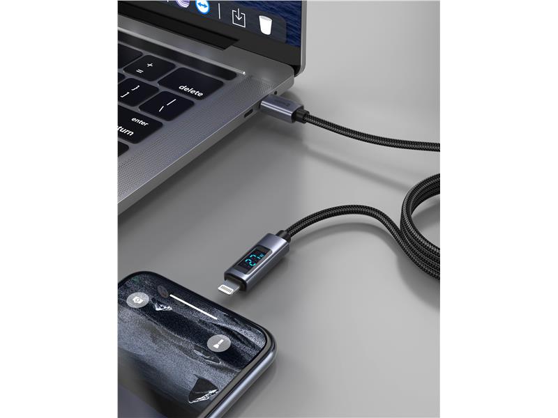SWISSTEN kabel LED indikator, USB-C/Lightning 1,5 m, 30W, tekstilni crni - 03050106