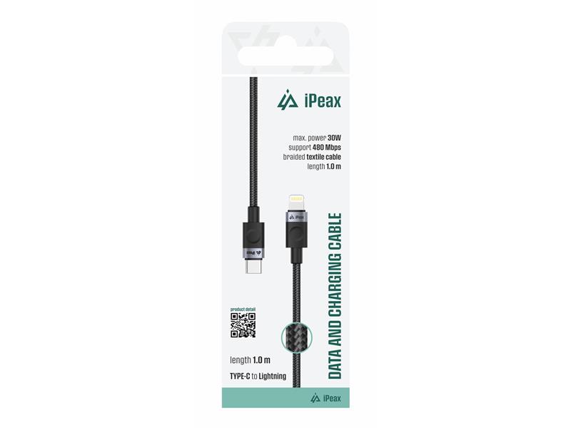 iPEAX KABEL TEXTILE USB-C/LIGHTNING 1M, 30W, USB 2.0 crni - 03090071